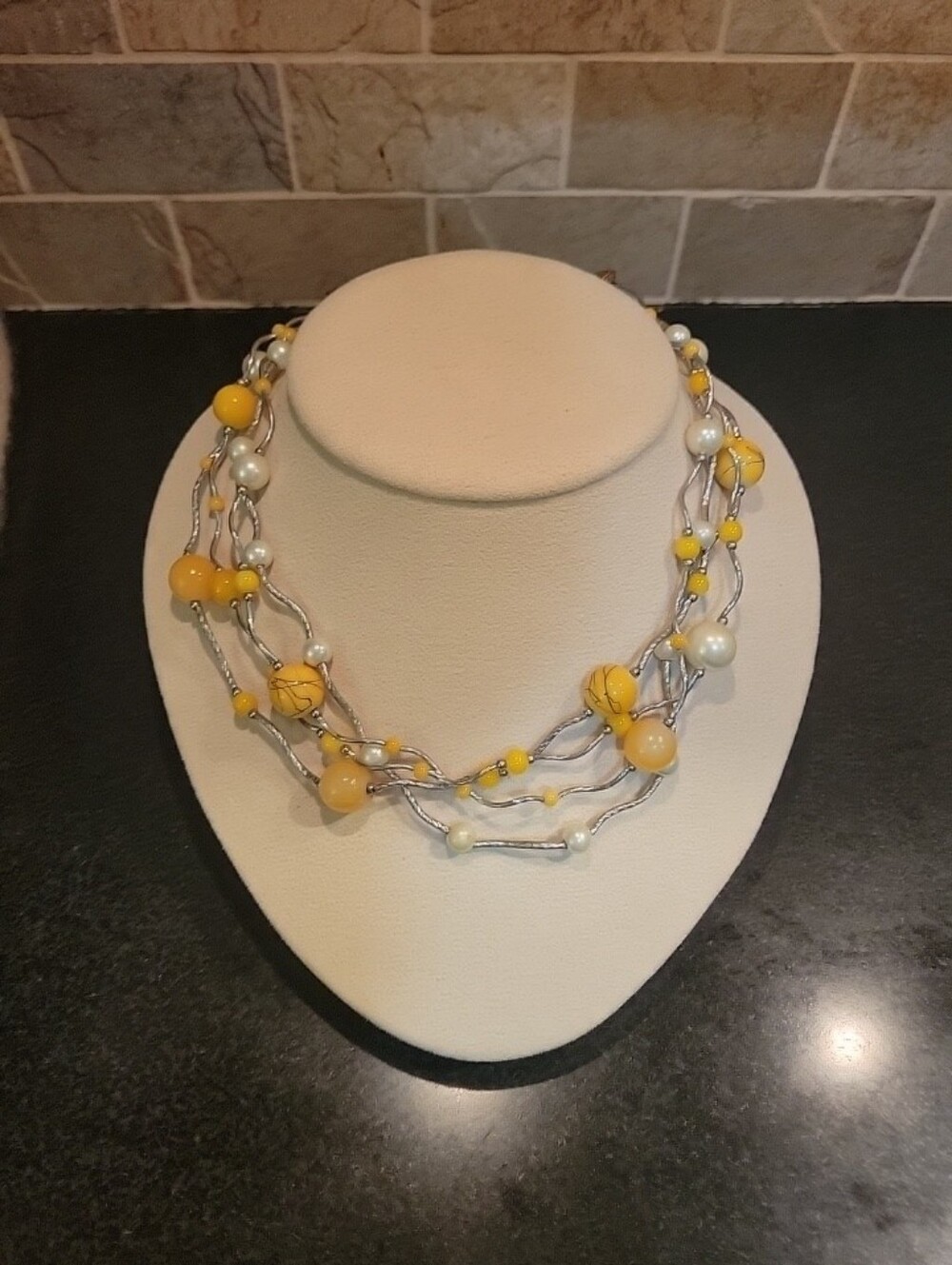 Multi-strand Beaded Statement Necklace with Yellow and Pearl Beads Boho Vibe